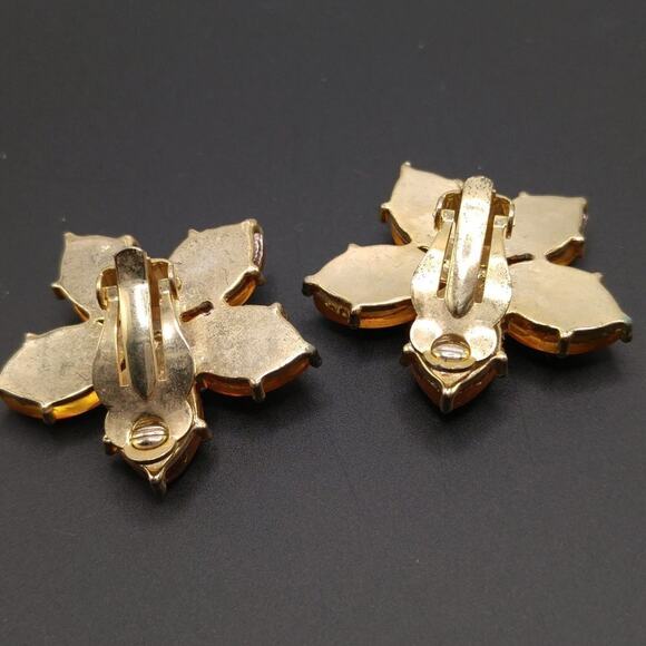 Vintage Gold Foil Floral Clip Earrings, Pink AB Rhinestone Centers, 1 3/8 Inches - Picture 7 of 9